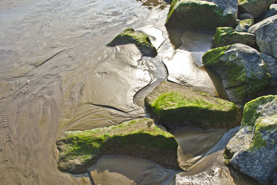 High angle view of rocks by river