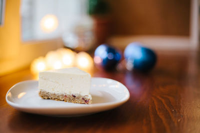 Close-up of cake in plate on table