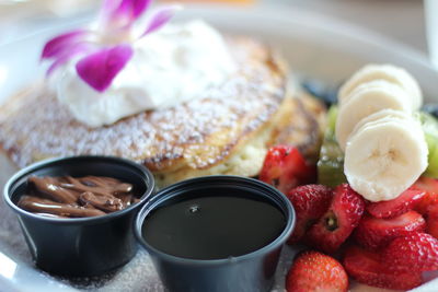 High angle view of breakfast served on table
