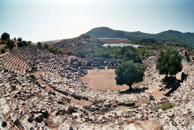 Scenic view of agricultural field against clear sky
