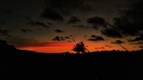 Silhouette trees on field against orange sky