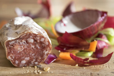 Close-up of meat on cutting board