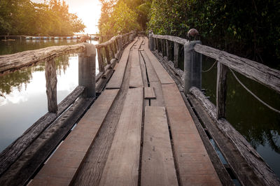 Wooden footbridge over canal amidst trees