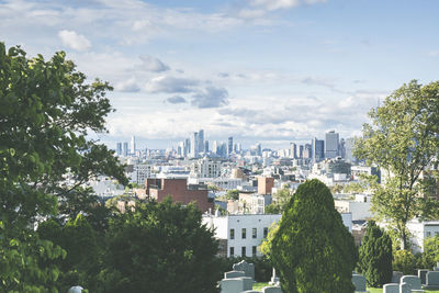 View of manhattan skyline seen from greenwood cemetery in brooklyn. vintage style