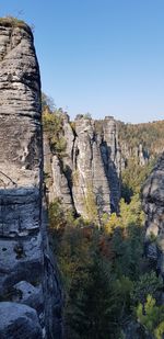 Rock formations on mountain against clear sky