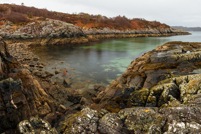 Scenic view of rock formation in lake against sky