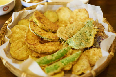 High angle view of jeon served in basket on table