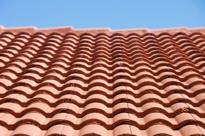 Low angle view of roof and building against clear sky