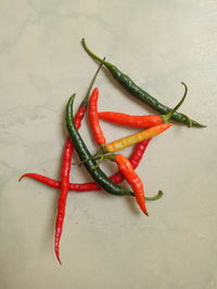 High angle view of red chili peppers