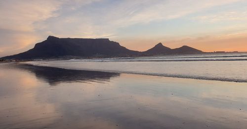 Scenic view of beach against sky during sunset