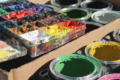 High angle view of paintbrushes