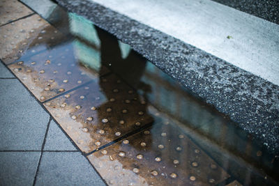 Close-up of puddle on sidewalk