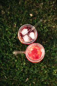 High angle view of red wine in glass