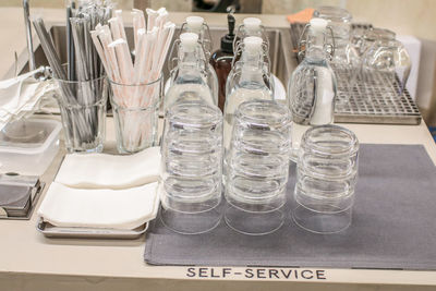 High angle view of glasses on table