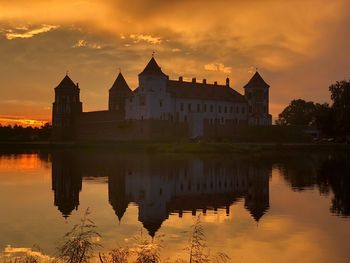 Reflection of buildings in lake during sunset