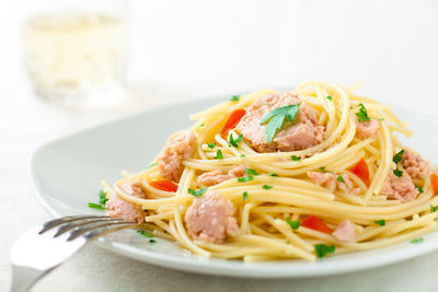 Close-up of noodles in plate on table