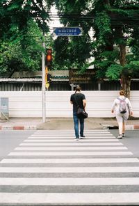 Rear view of people walking on road