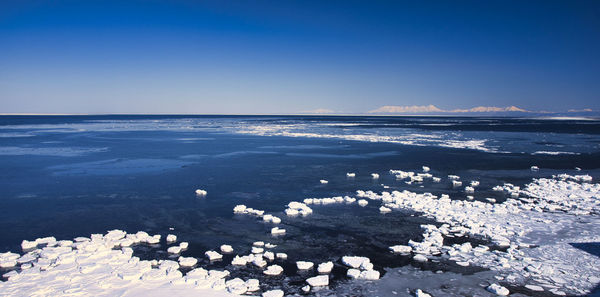 Scenic view of sea against clear blue sky