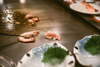 High angle view of fish on table