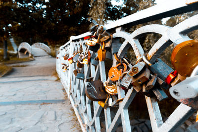 Close-up of padlocks on metal