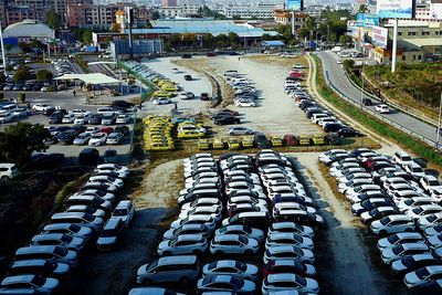 High angle view of cars on road in city