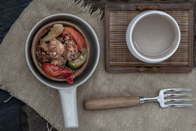 High angle view of meal served on table