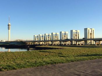 View of buildings against clear sky