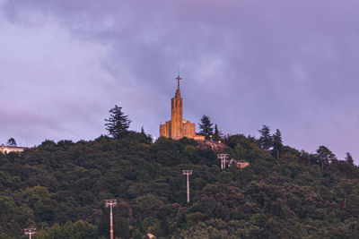 Low angle view of trees and building against sky