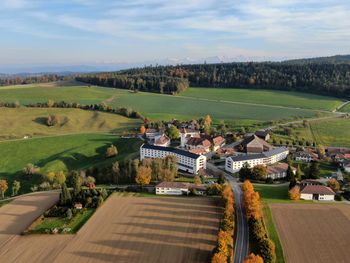 High angle view of buildings against sky