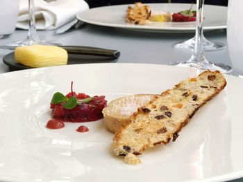 Close-up of fruit salad in plate on table