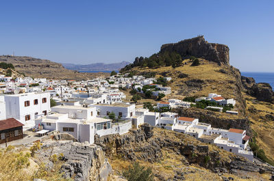 Panorama of lindos in rhodes island, famous for historic landmarks and beautiful beaches. greece