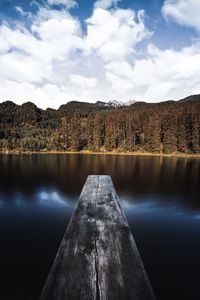 Scenic view of lake by mountain against sky