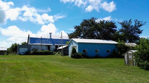 Houses on field against sky