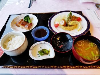 High angle view of food served on table