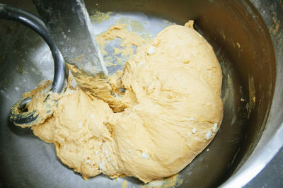 High angle view of bread in bowl on table