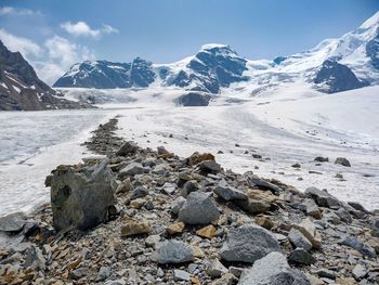 Scenic view of snow covered mountains against sky