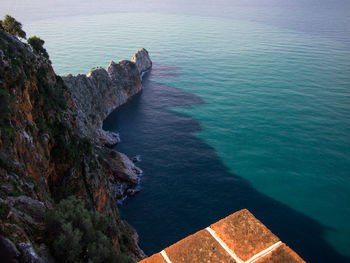 High angle view of rock formations by sea