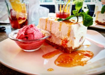 View of ice cream garnished with mint leaves