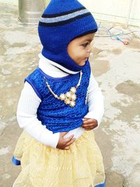 High angle view of girl wearing hat