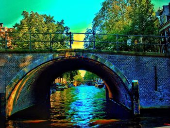 Bridge over river with buildings in background