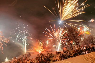 Low angle view of firework display at night