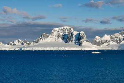 Scenic view of sea and snowcapped mountains against sky