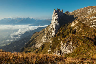 Scenic view of snowcapped mountains against sky