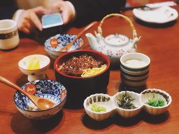 High angle view of breakfast on table