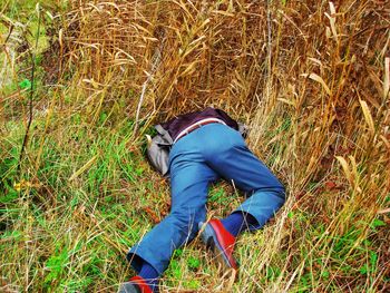 High angle view of man lying on grassy field