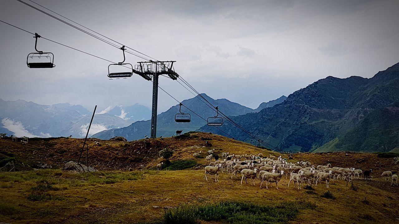 OVERHEAD CABLE CAR AGAINST MOUNTAIN RANGE