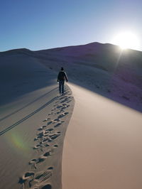 Rear view of man walking on sand dunes