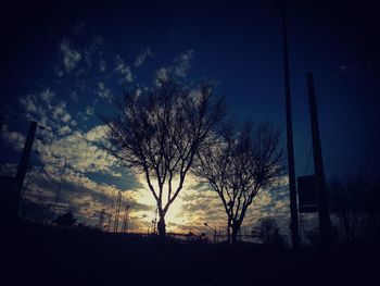 Silhouette trees on landscape against clear sky at night