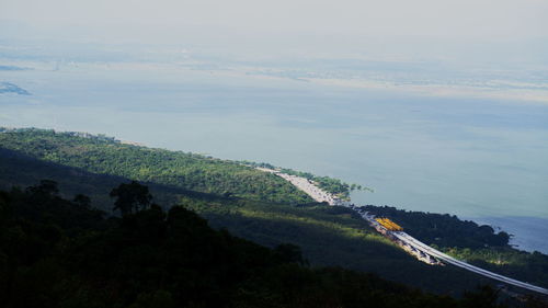 High angle view of trees on landscape against sky