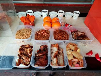 High angle view of various food on table